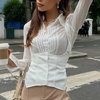 dourbesty 2 pieces white shirt set women long sleeve see through lapel shirt slim fit low cut waistcoat dressy top office lady