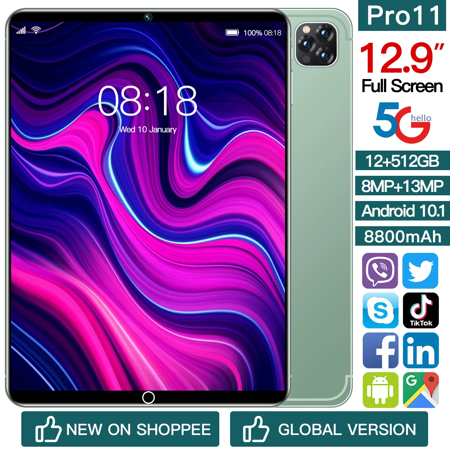 

5G планшет 10,1 дюйма 2022 Новый планшет Android 12 Гб + 512 Гб офисный телефон 2 в 1 HD + Подключаемая двойная карта + wifi + распознавание лица