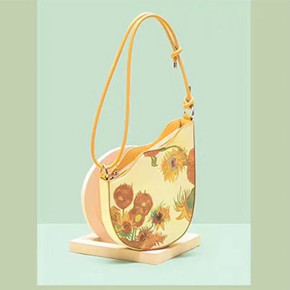 Sunflower Saddle Bag Oil Painting Women Shoulder Bag Knot Handle Handbags and Purses Mini Shopper Bags for Women 2023 Tote Chic