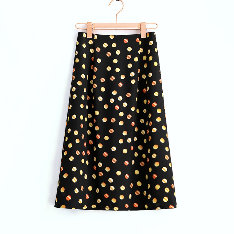 

Black Print Skirt Chiffon Polka Gold Dot Design Long Maxi Women 2023 Summer Korean Fashion Elegant Aesthetic High Waist Female