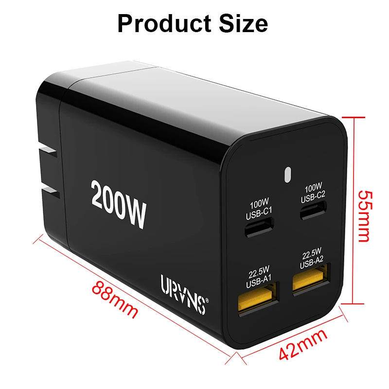 Сетевое зарядное устройство URVNS GaN 200 Вт USB C 4 порта PD 100 PPS 65 45 QC5 Сверхбыстрая