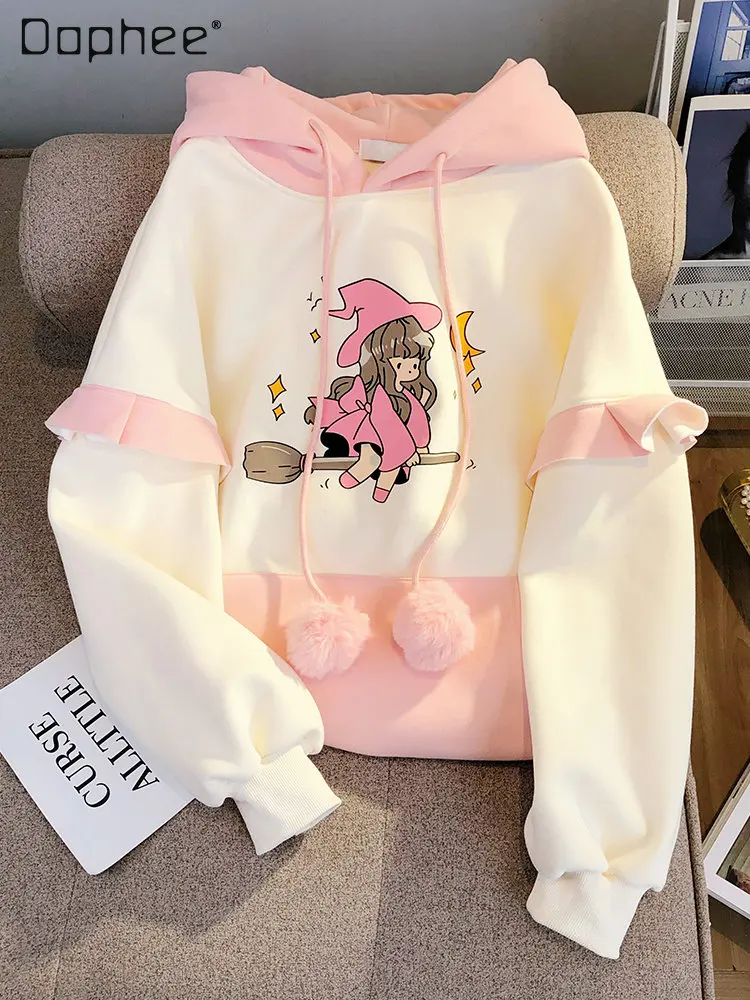 

Sweet Cute Girls' Hooded Sweatshirts for Women 2022 Winter New Pink Junior High School Students Fleece-Lined Thickened Hoodies