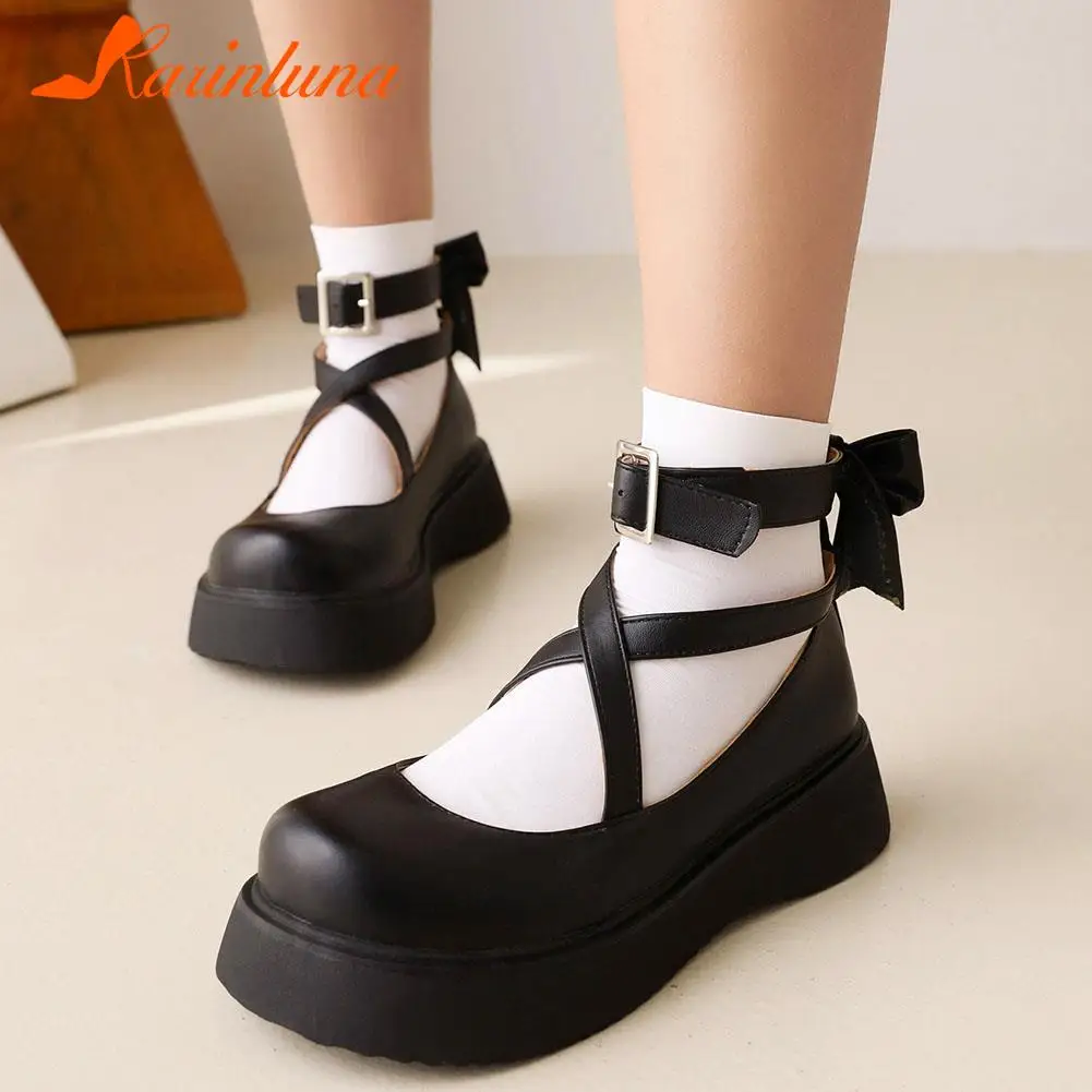 

New 2022 Women Flats White Black corss-strap Buckle Strap butterfly-knot Platform Lady Flat Casual Spring Autumn OL Female Shoes