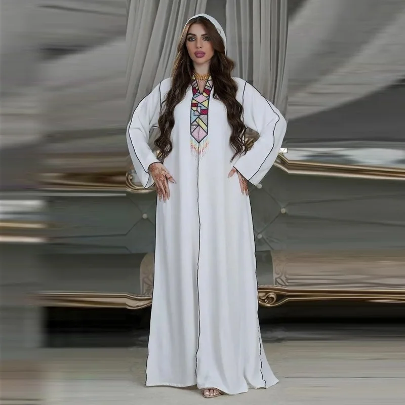 

Women Middle East Hooded Hand Beaded Jalabia Dubai Arabian Robe Muslim Fashion Abaya Turkey Islamic Clothing Kaftan 2022 Kuftan