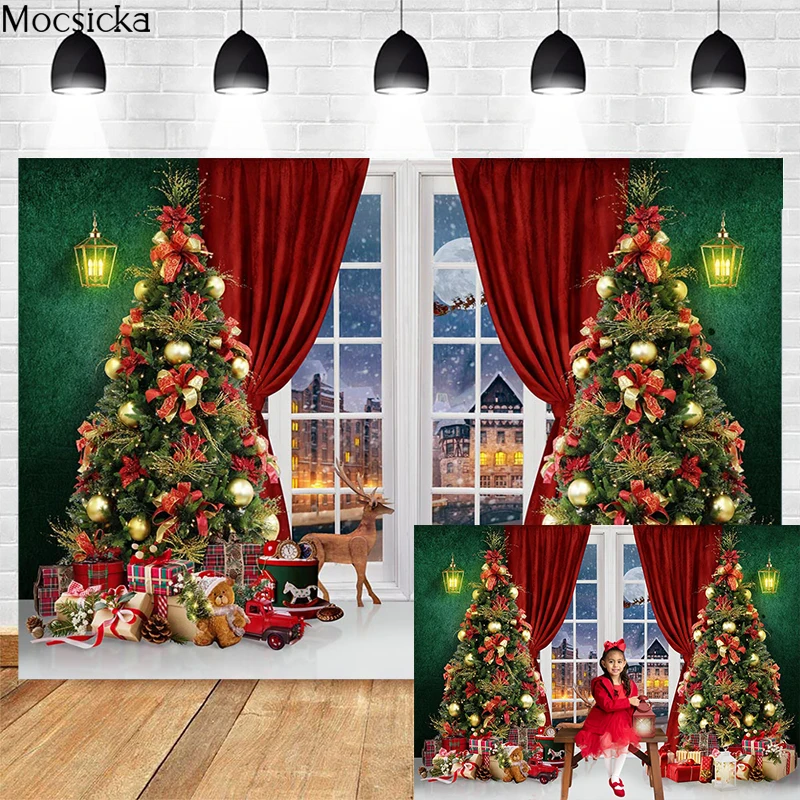 

Mocsicka Winter Xmas Background Child Portrait Family Party Decoration Red Curtain Window Snowy Night Christmas Tree Gift Studio