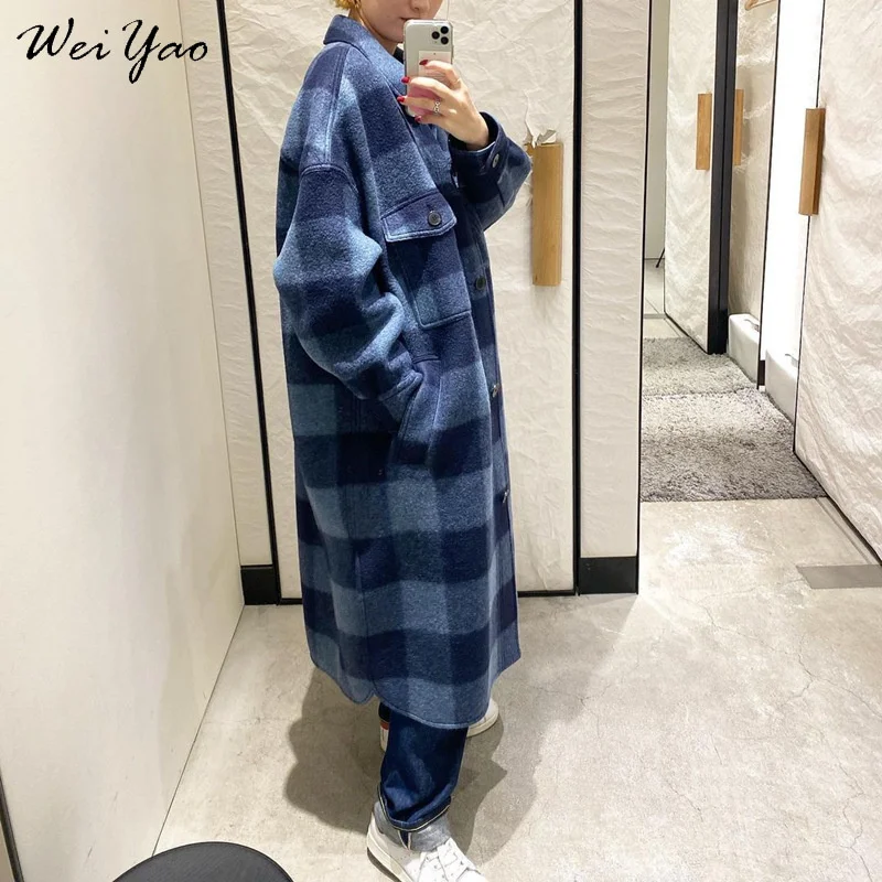 Женский плюшевый кардиган винтажного голубо-клетчатого принта свободного покроя на каждый день зимой.