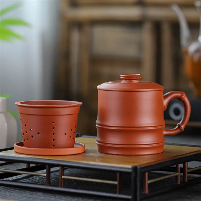 

Yixing Zisha Cup Large Capacity with Lid Filter Liner Cinnabar Sand Bamboo Joint Cup450ml Office Tea Cup Lettering