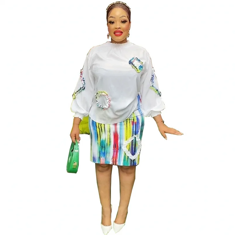 

Spring Summer Dashiki African Matching Skirt Sets Fashion Temperament New Print Long Sleeve Shirt High Waist Slim Skirt Suit