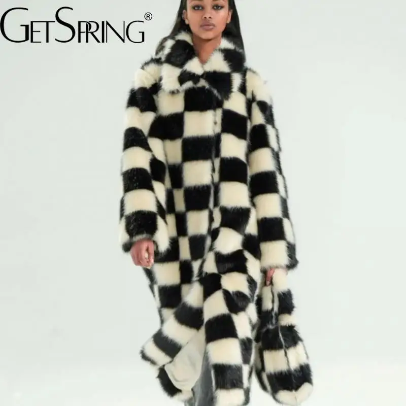 

Getspring женское меховое пальто, длинное пальто из искусственного меха, подходящее к цвету, женское винтажное модное зимнее пальто в клетку, но...