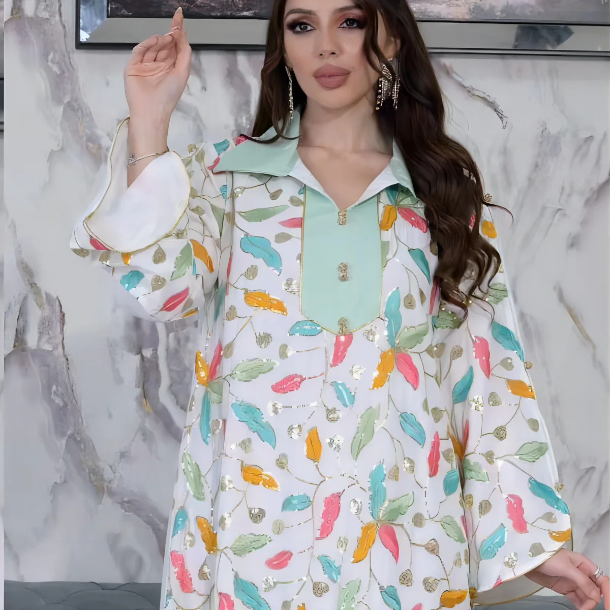 4068 Мусульманское длинное платье с вышивкой бисером Джалабия Арабское Дубая