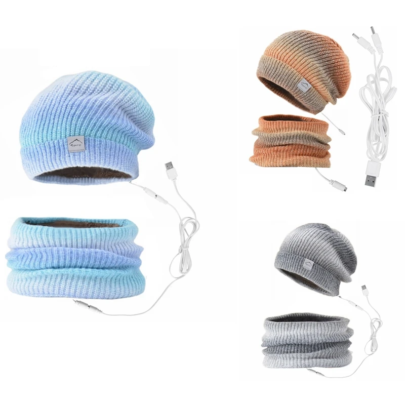 

USB Heated Hat And Scarf Winter Soft Warm Knitted Beanie Hat Neck Warmer For Outdoor Skiing Camping Hunting