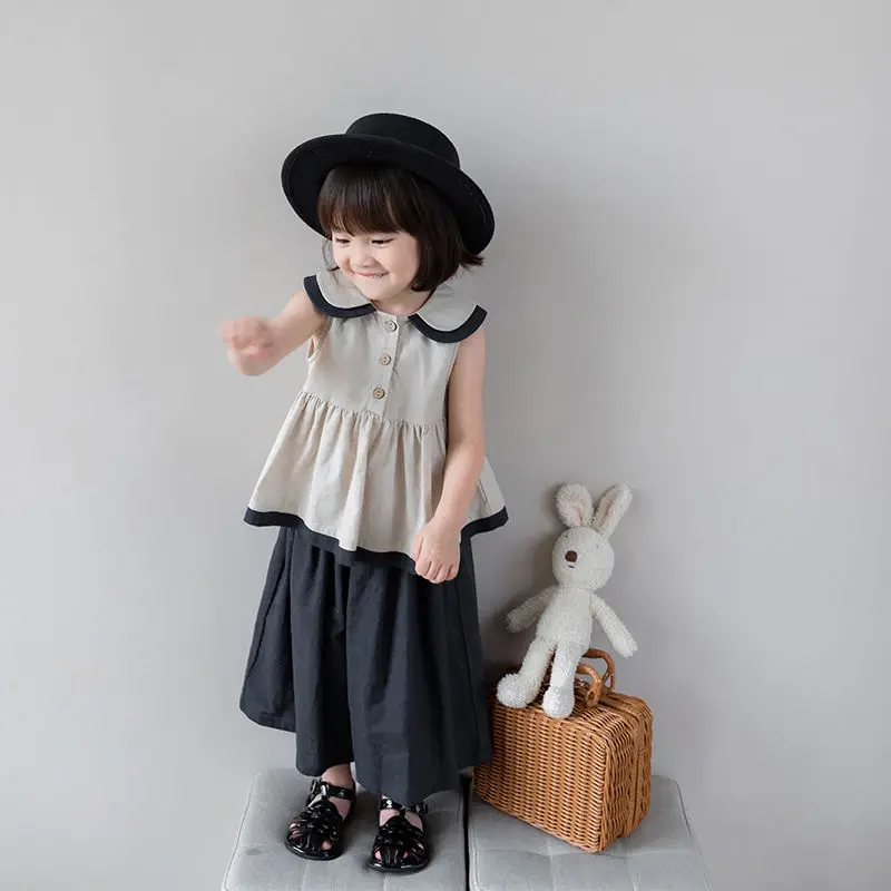 

Cotton Linen 2 Pieces Girls Pants Sets Summer 2022 Vintage Shirts And Black Wide Leg Casual Kids Children Clothing Suits