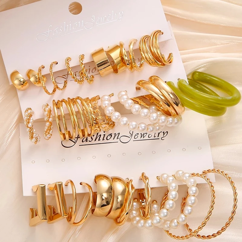 

Gold Color Earring Set Colorful Geometric Pearl Resin Twist Big Hoop Earrings for Women Girls 2022 Fashion Party Jewelry Gifts