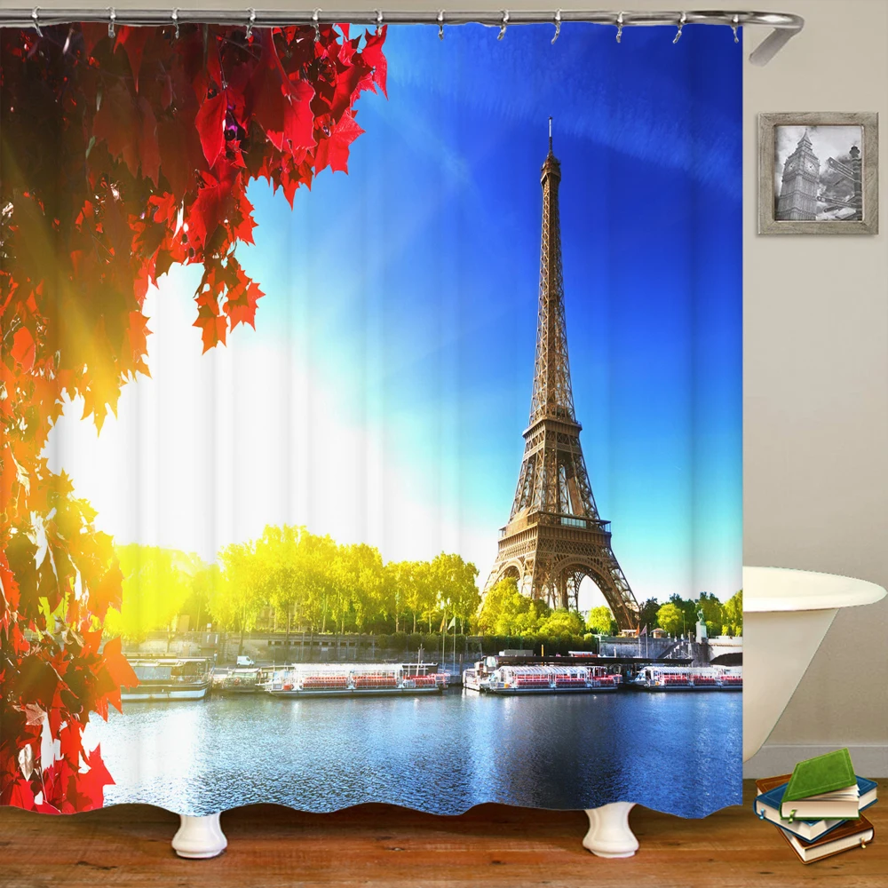 

Paris Eiffel Tower Red Fall Leaves Shower Curtain France Tree Skyline Look Sunny Scenery Cloth Fabric Bathroom Decor with Hooks