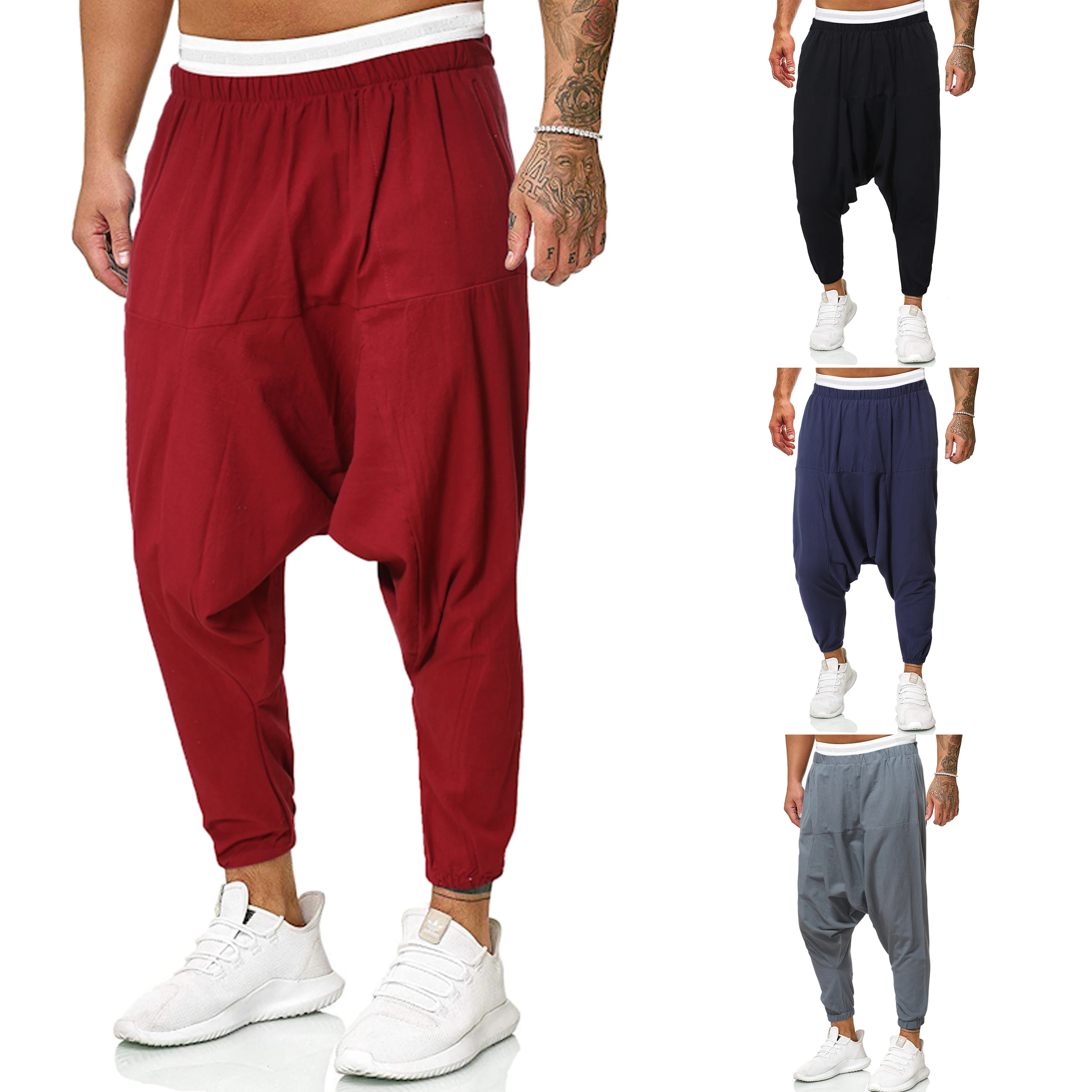 

2022 Men Streetwear Cotton Linen Drop Crotch Pants Men Baggy Black Harem Pants Male Hip Hop Joggers Trousers Man Wide Legs Pants