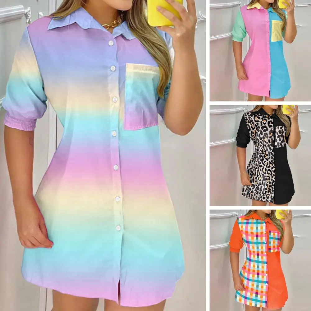 

Short Individual Single-breasted Shirt Dress Buttons Women Dress Bright Color for Street