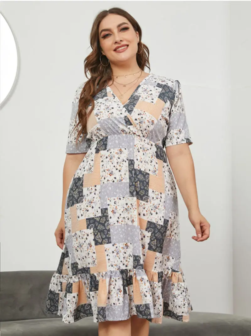 

summer plus size fat ladies dress women V-neck floral skirt
