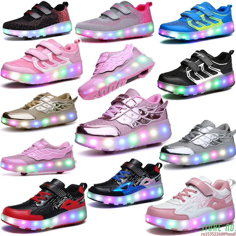 

New One Wheels USB Charging Fashion Girls Boys LED Light Roller Skate Shoes For Children Kids Sneakers With Wheels Two Wheels
