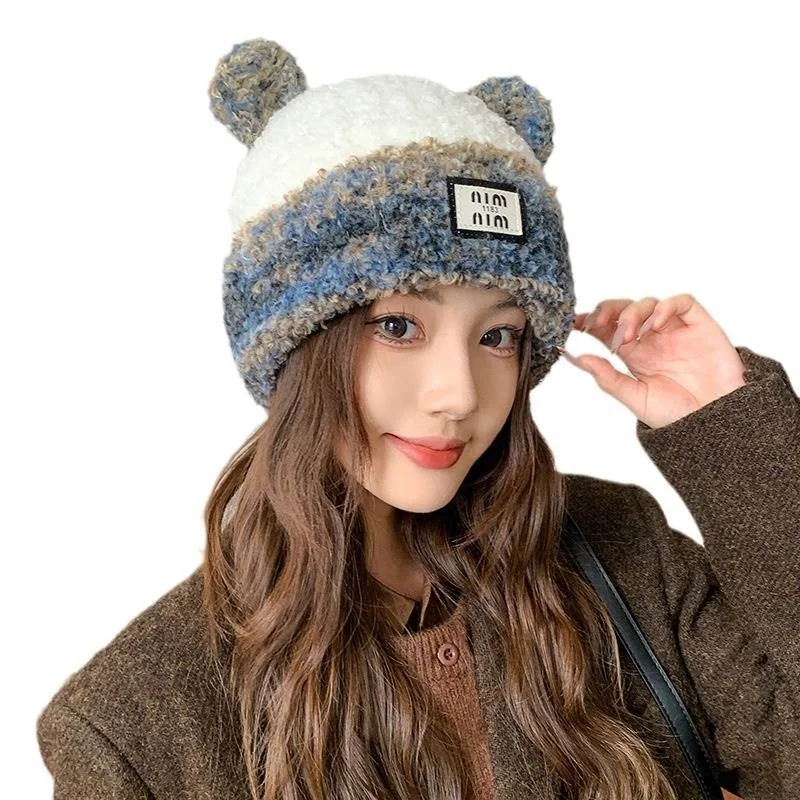 Вязаная шерстяная шапка женская осенне-зимняя теплая утепленная для верховой