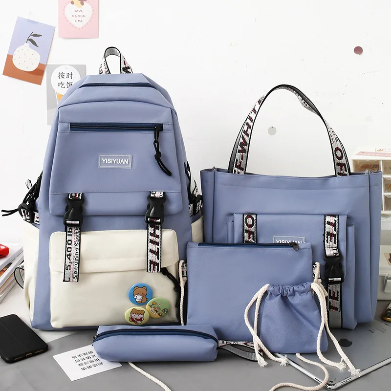 

Schoolbag Five Piece Set Backpack for Women Large Capacity Portable Junior High School Students Korean Campus School Backpack