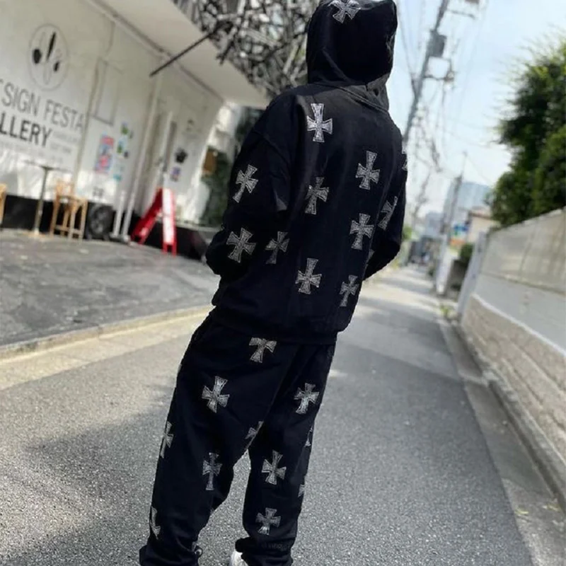

Men's Hip Pop Hoodies Sets Rhinestone Zip Up Hooded Sweatshirts+Pants Male Autumn Winter Sportswear Two Pieces Tracksuit Women