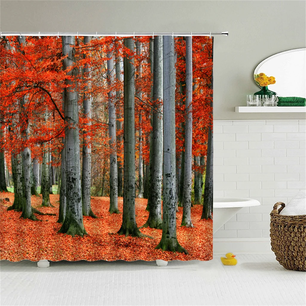 

Ready-made Modern Printing Natural Forest Scenery Green Plant Tree Landscape Waterproof Shower Curtains For Bathroom With Hooks