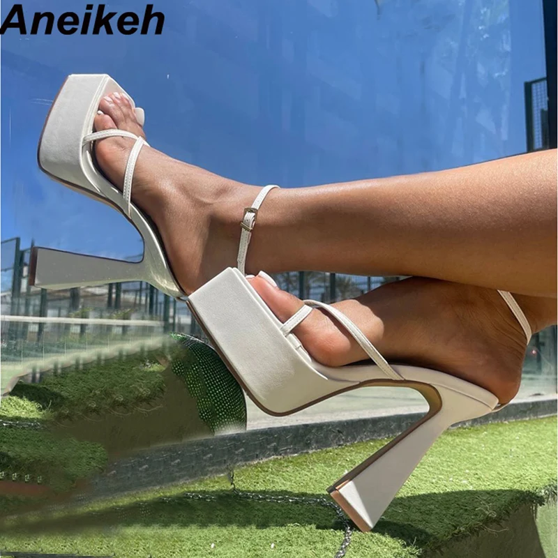 

Aneikeh 2023 модные лаконичные однотонные ПУ узкие ремешки с открытым носком на платформе на высоком каблуке женские вечерние туфли с ремешком с ...