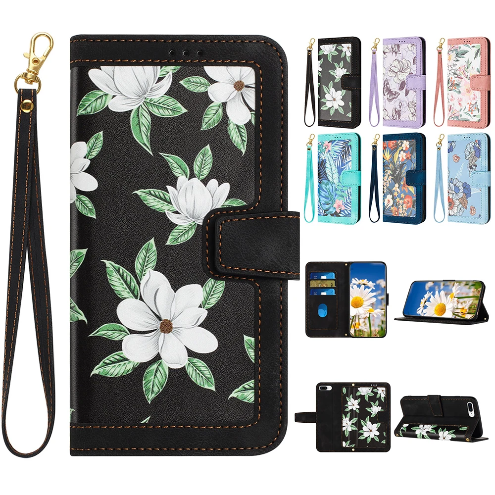 

Leather Flip Wallet Case for Samsung Galaxy S23 Ultra S22 Plus S21 FE S20 Lite M13 M23 F23 Beautiful Flowers Wrist Strap Cover