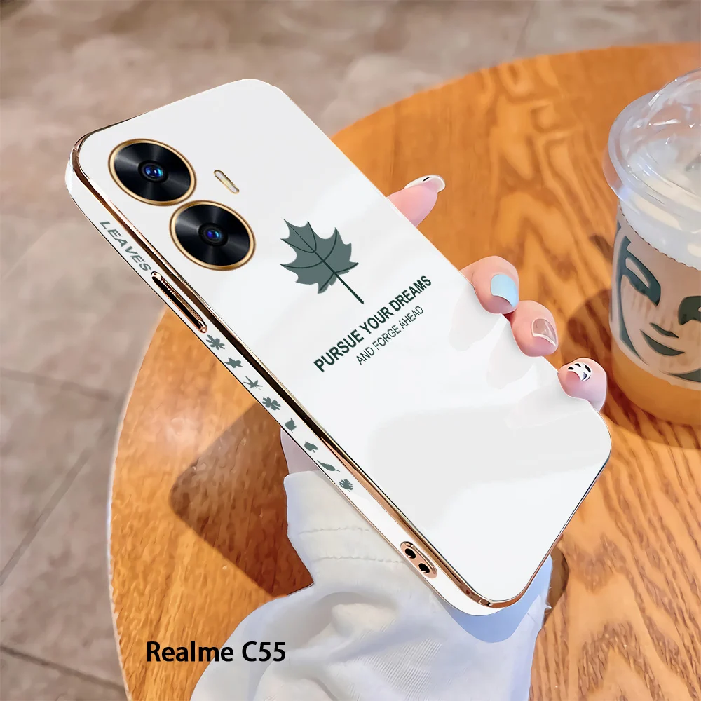 

For Realme C55 C35 C33 C31 C30 C30S Luxury Square Case Maple Leaf Pattern Plating Cover Shockproof Soft TPU Cases