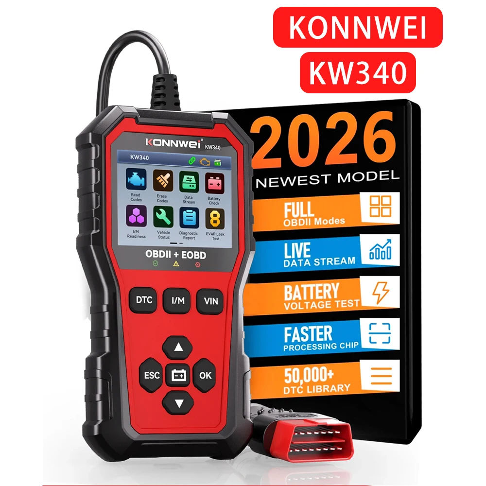 

2026 KONNWEi KW340 Автомобильный CAN OBD2 EOBD Диагностический инструмент Тест аккумулятора двигателя Читать код неисправности Чистые данные в реальном времени Инструмент контроля O2