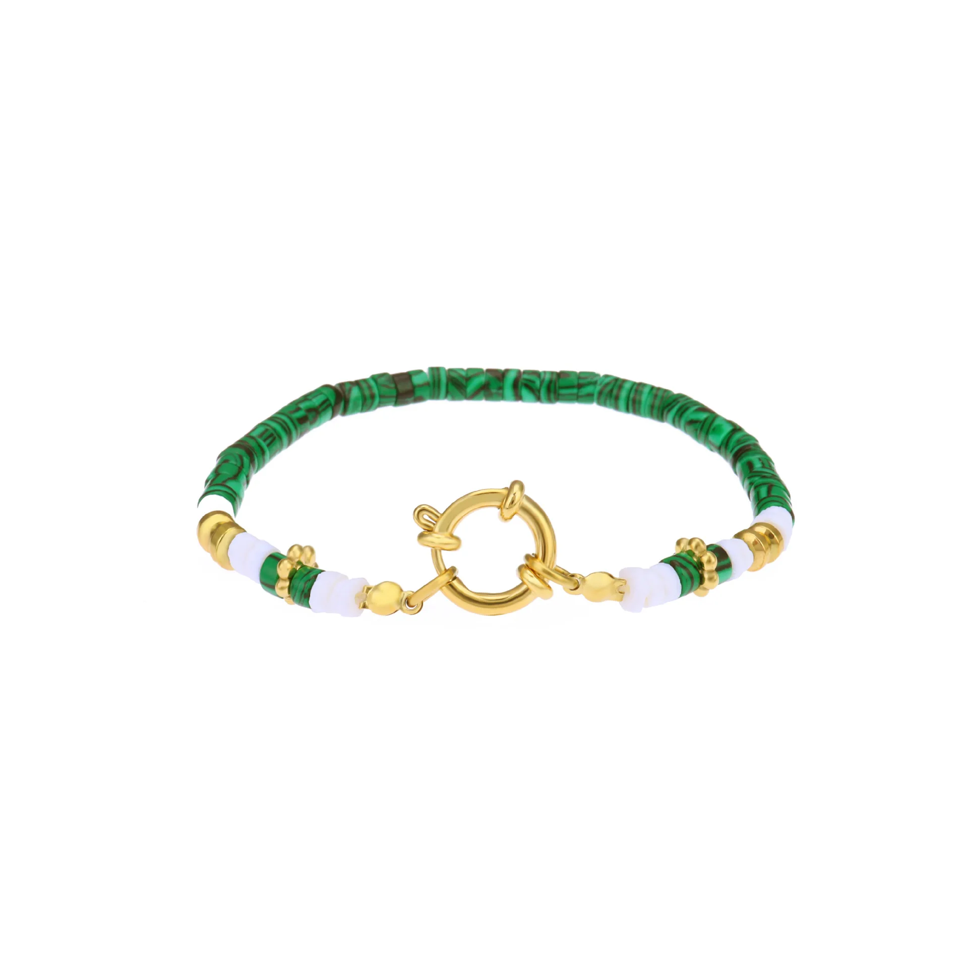 Women's Classic Boho Stainless Steel Bracelet Set With Malachite Zircon Paved Beaded Ins Fashion Bangles 