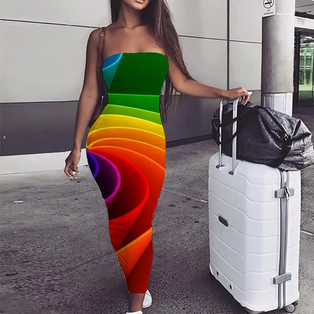 

KYKU Rainbow Dress Women Rainbow Abstraction Vestido Sexy Gradient Boho Swirl sleeveless Womens Clothing Summer Ladies Cool