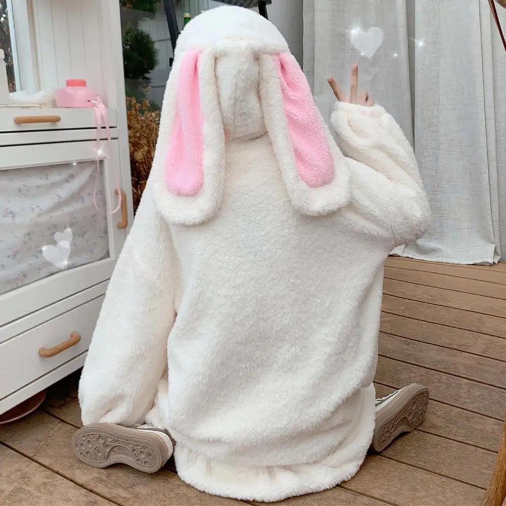 Winter Hoodies Warm Kawaii Rabbit Ears Women Sweatshirt Girl Lolita Hooded Zip-up Casual Sweatshirts Harajuku Hoodie Long Sleeve