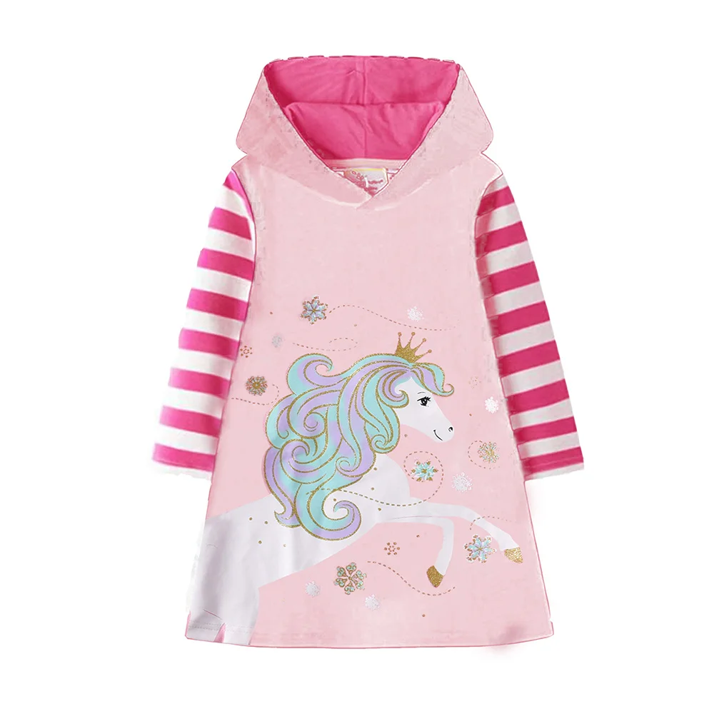 DXTON Girl Cotton Straight Dresses Kids Licorne Vestidos Girls Autumn Winter Long Sleeve Casual Dress Kids Hoody Striped Dresses