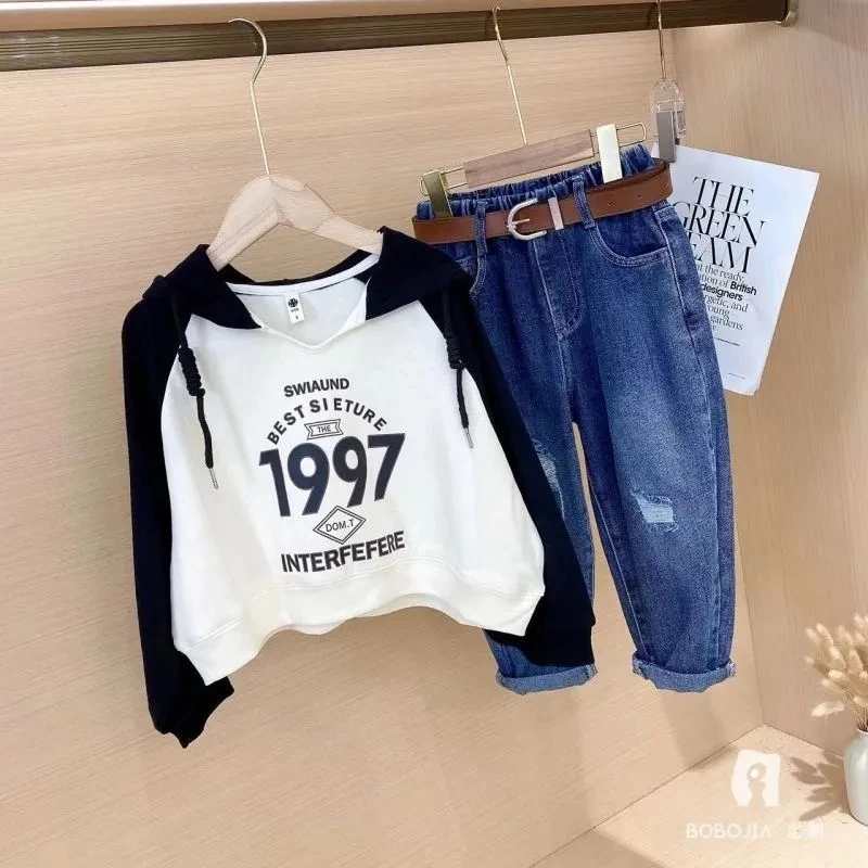 

3-12Y Girls Clothing Set Autumn 2023 New Mid to Large Children's Wide Loose Hooded Sweater Jeans Children's Casual Set