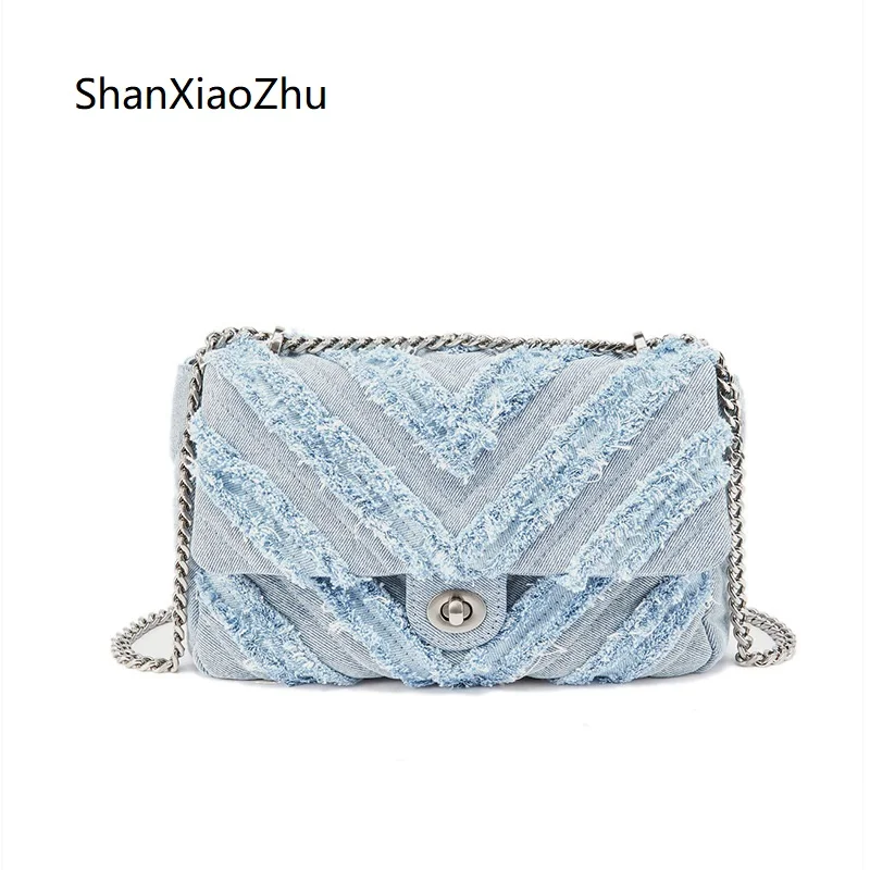 

Luxury Women Chain Crossbody Bags 2022 Design Ladies Denim Flap Shoulder Bag Classic Female Lattice Square Clutch Tote Handbags