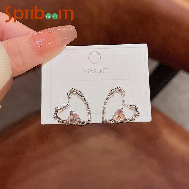 Trendy Heart Earrings for Women Pink Zircon Hollow Love Stud Earring Luxury Kpop Jewelry Simple Female Accessories Friends Gifts