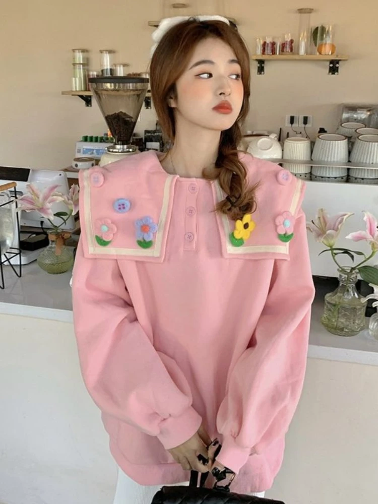 Deeptown Korean Fashion Pink Hoodies Women Harajuku Kawaii Floral Patchwork Sweatshirt Sweet Girl Plus Size Casual Pullover Tops