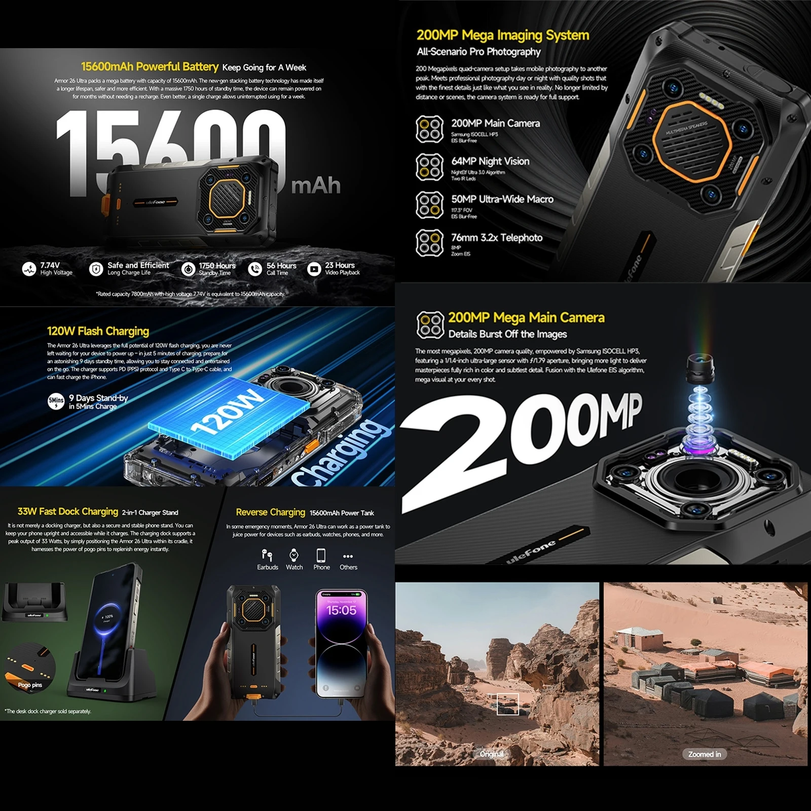 Фото Прочный смартфон Ulefone Armor 26 Ultra Walkie Talkie 5G, водонепроницаемый, 6,78 дюйма, 120 Вт, 15600 мАч, 200 МП, камера, 64 МП, ночное видение, NFC №4