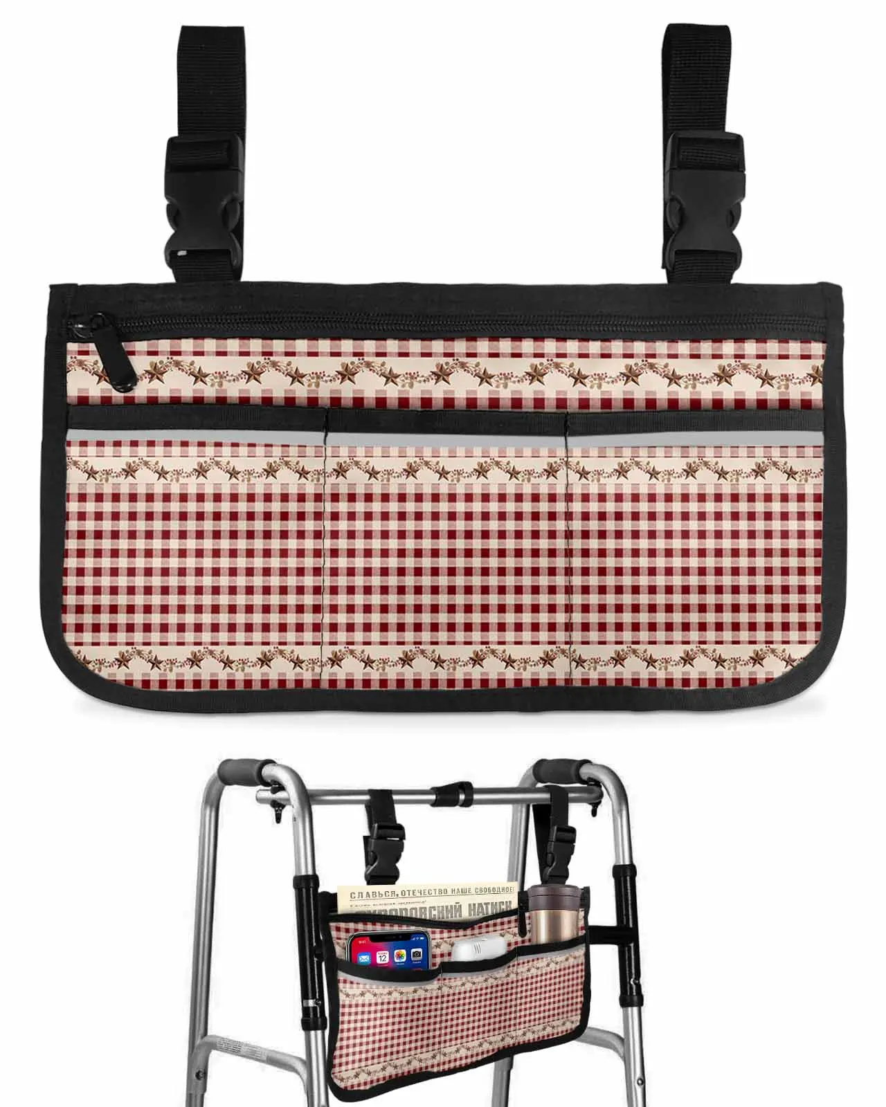 

Country Style Retro Red Plaid Wheelchair Bag With Pockets Armrest Side Bags Electric Scooter Walking Frame Storage Pouch
