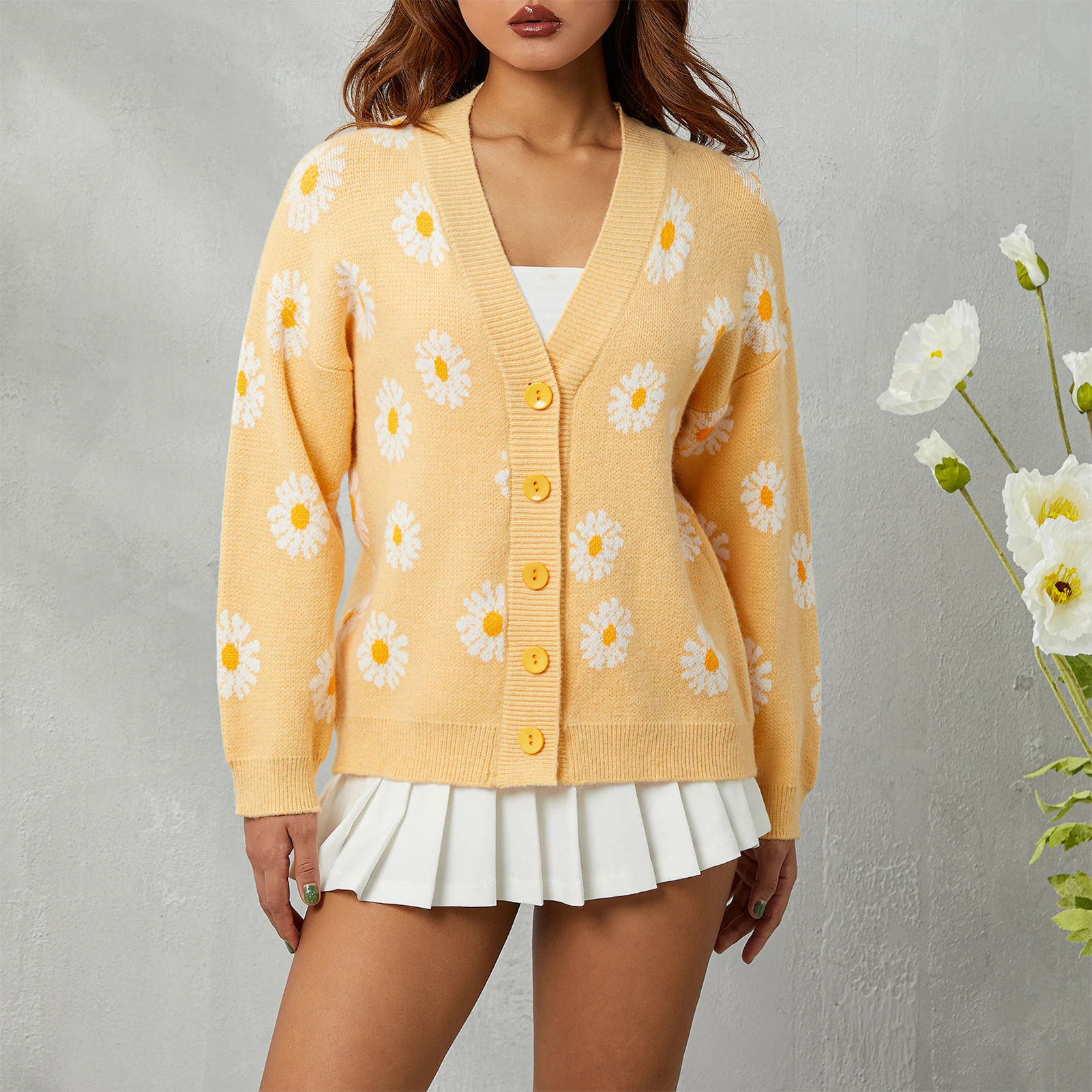 

Chic Vintage Flower Print Knitted Cardigan V Neck Long Sleeve Coat Autumn Y2K Aesthetics Retro Sweater Loose Outwear Sweater