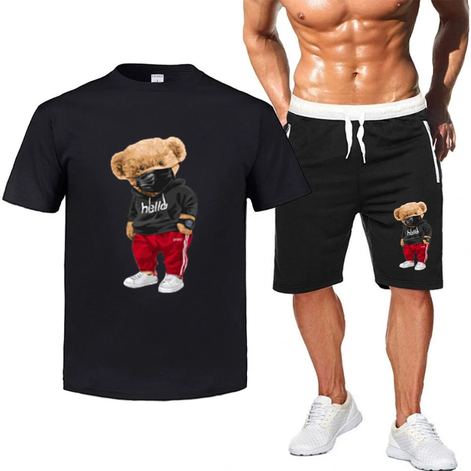 

ExtFine Bear Printed Short Sleeve Suit Men's Fashion Brand Streetwear Cartoon Graphic Casual Sportswear Top Hip Hop T-Shirt