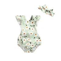 infant baby girls clothing sweet style summer outfits square neck fly sleeve daisy flower printed bodysuit with bow headwear