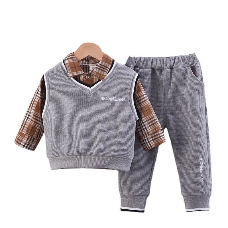 

New Spring Autumn Baby Boys Clothes Suit Children Vest Plaid Shirt Pants 3Pcs/Sets Toddler Casual Cotton Costume Kids Tracksuits