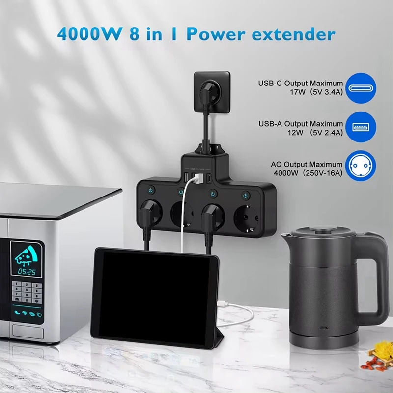 16А 4000 Вт 4-сторонний удлинитель индивидуально переключаемый несколько