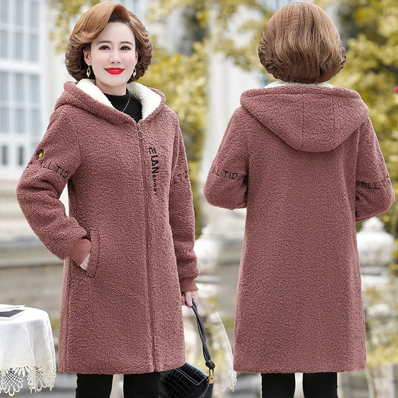 2022 Women Jacket long Lambswool Plus Velvet Cotton Coat Winter Female Overcoat Hooded Warm Lady Outerwear Mother Clothes 5XL