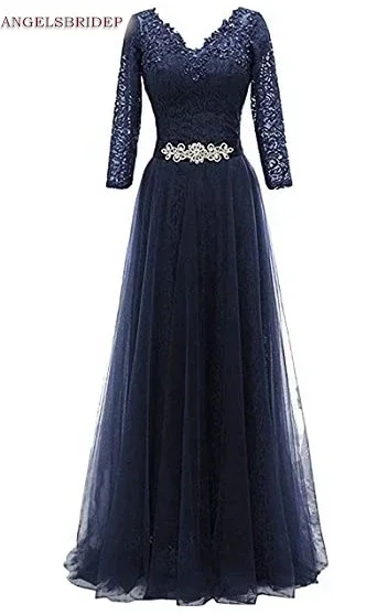 

Long Sleeves Evening Party Gowns 2021 Charming Appliques Tulle Sash Mother Dresses for Women Formal Prom Gowns HOT