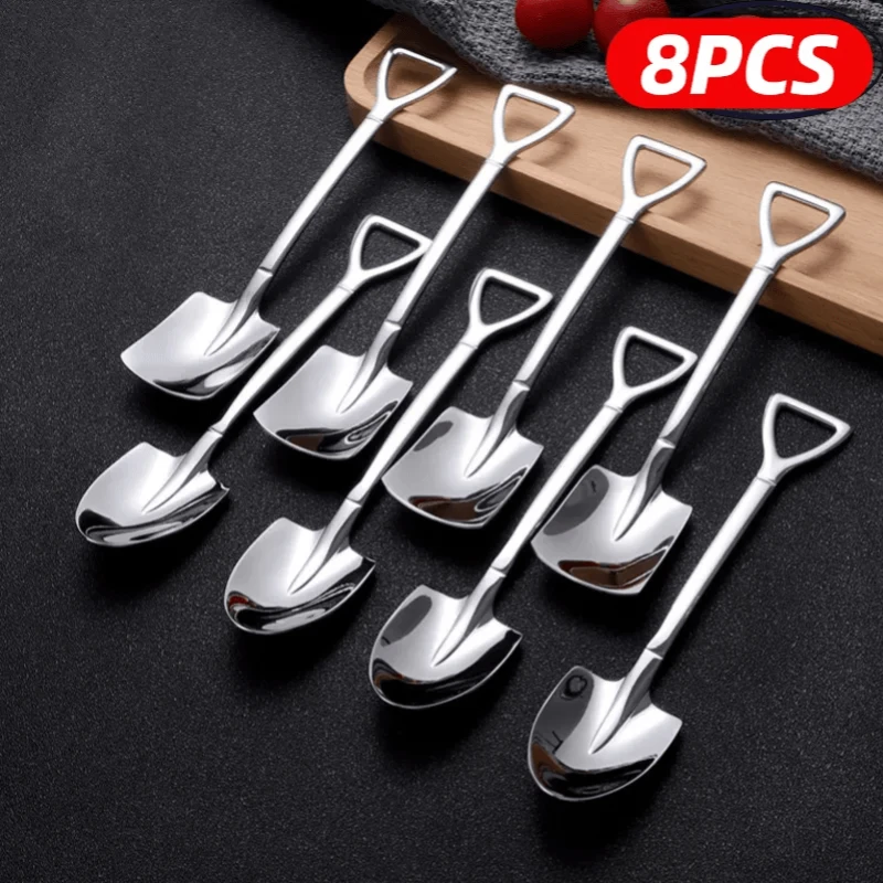 

4/8PCS Shovel Spoons Stainless Steel TeaSpoons Creative Coffee Spoon for Ice Cream Dessert Scoop Tableware Cutlery Set