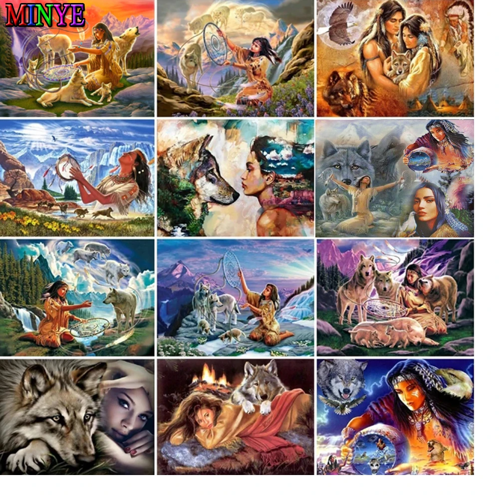 

Полноразмерная/круглая Алмазная 5D картина «сделай сам», индейский волк, Алмазная мозаика, картина из искусственных страз, вышивка бусинами