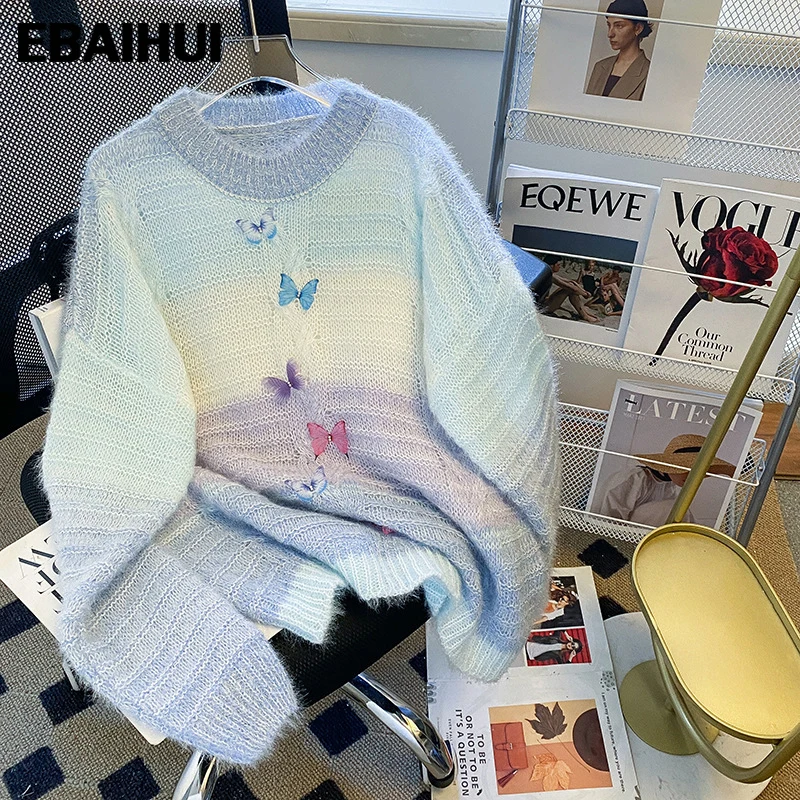 

EBAIHUI Sweaters for Women Crew-neck Casual Butterfly Decorate Pullovers Cozy Knitted Loose-fitting Outer Knitwear 2022 New